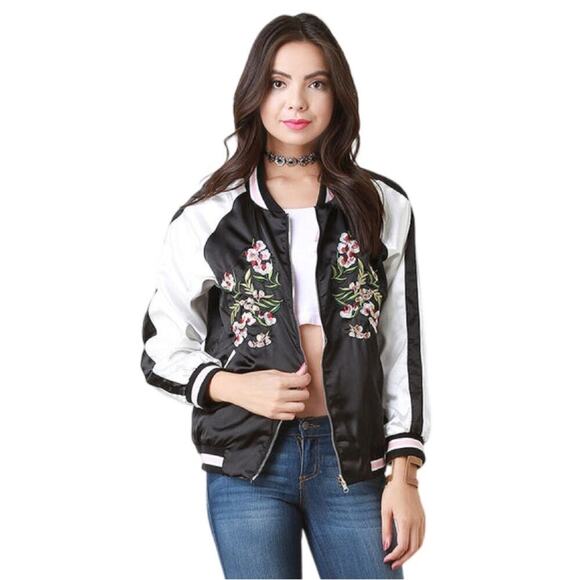 Reversible Charmeuse Embroidered Bomber Jacket Reversible Pockets Black Pink - Picture 7 of 11